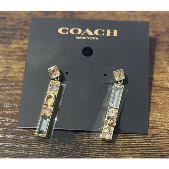 Women's Coach Crystal Gemstone Dangle Bar Earrings Gold Signature C Statement - Picture 3 of 11
